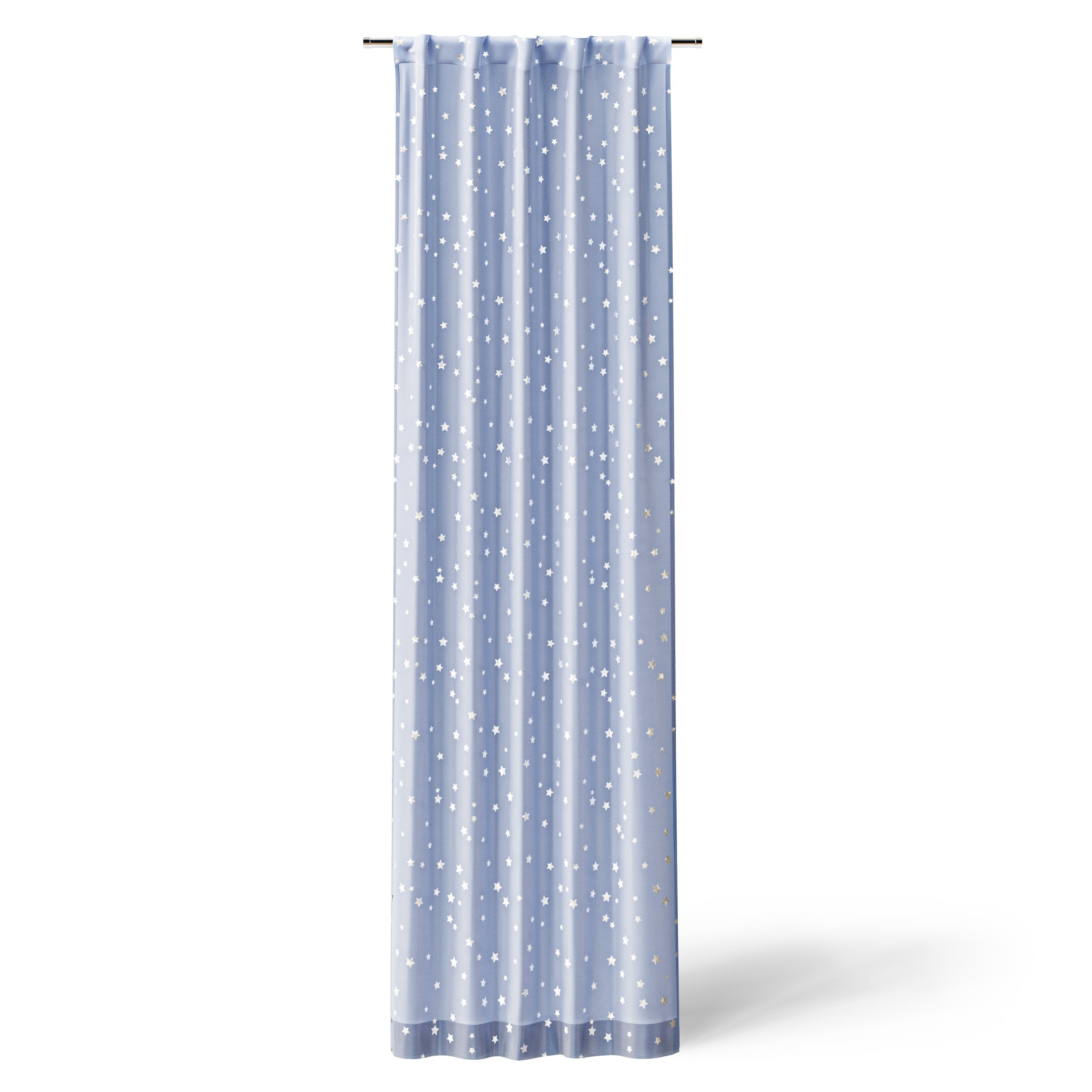 Mainstays Kids Spring Periwinkle and Metallic Silver Stars Sheer Overlay Blackout Rod Pocket with Back Tabs Single Curtain Panel, 38" W x 95" L