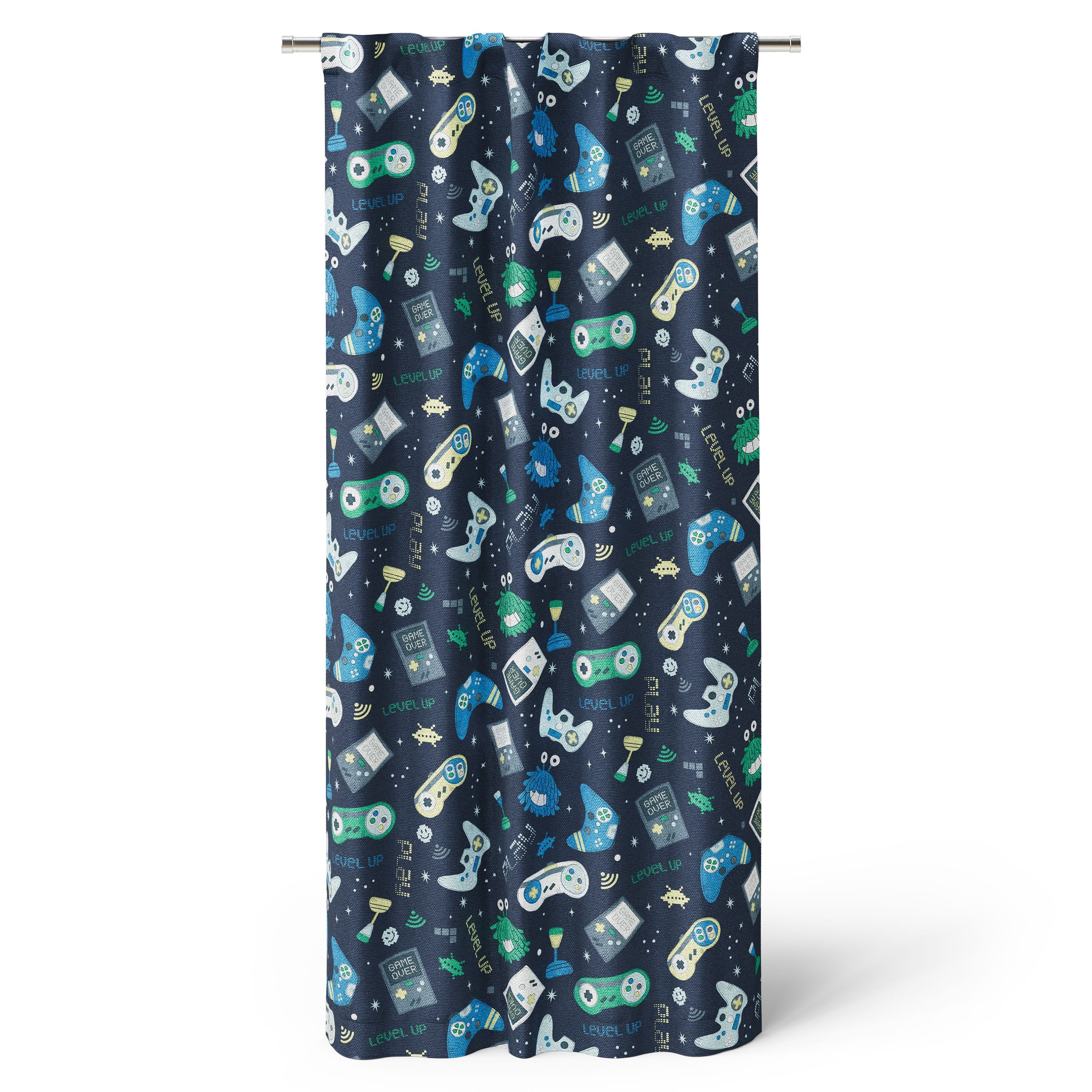 Mainstays Kids Blackout Curtain Panel, Glow-in-the-Dark Gamer Print, Rod Pocket with Back Tabs, Navy Blue, 38 in x 63 in