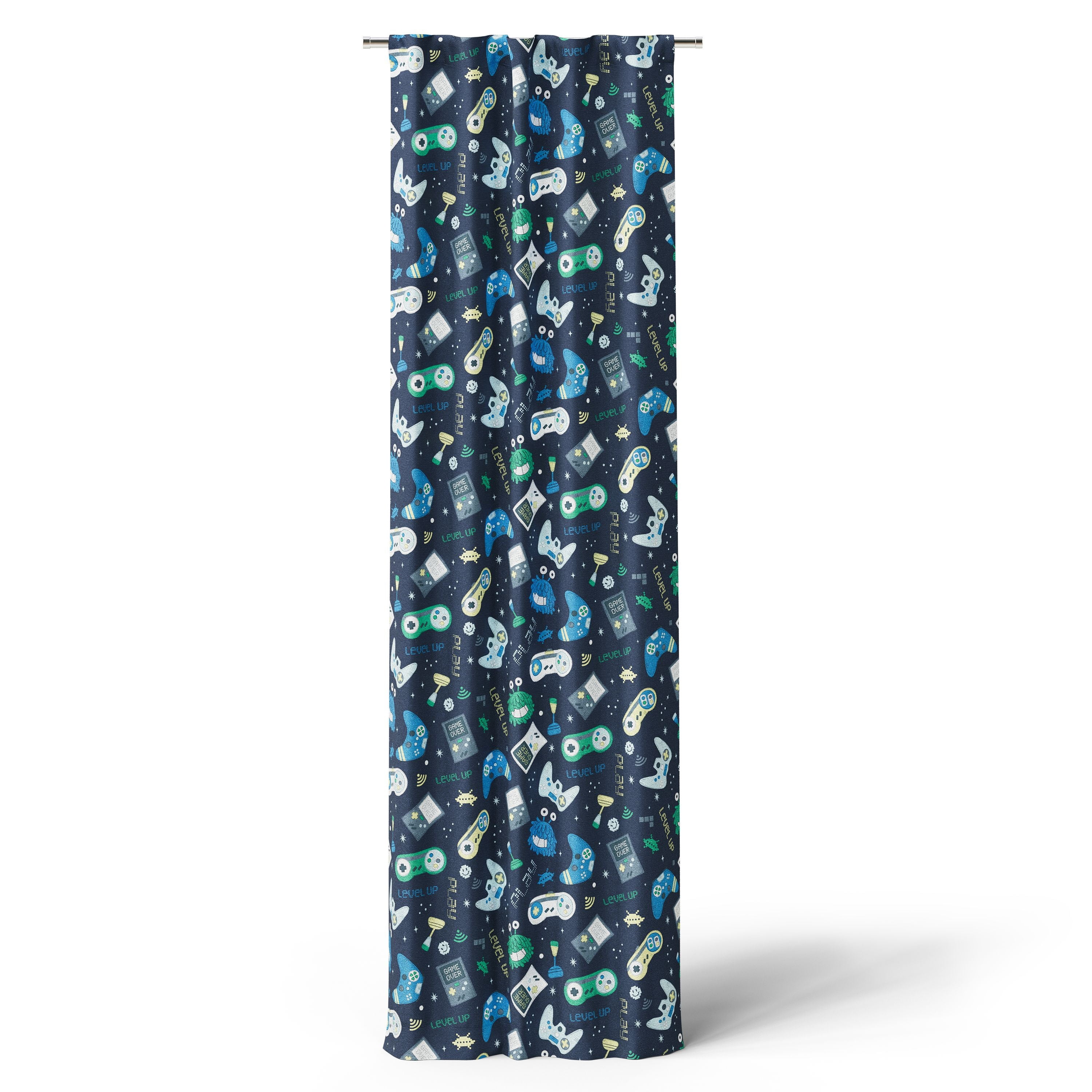Mainstays Kids Navy Blue Printed Glow in the Dark Blackout Rod Pocket with Back Tabs Single Curtain Panel, Gamer Print, 38" W x 95" L