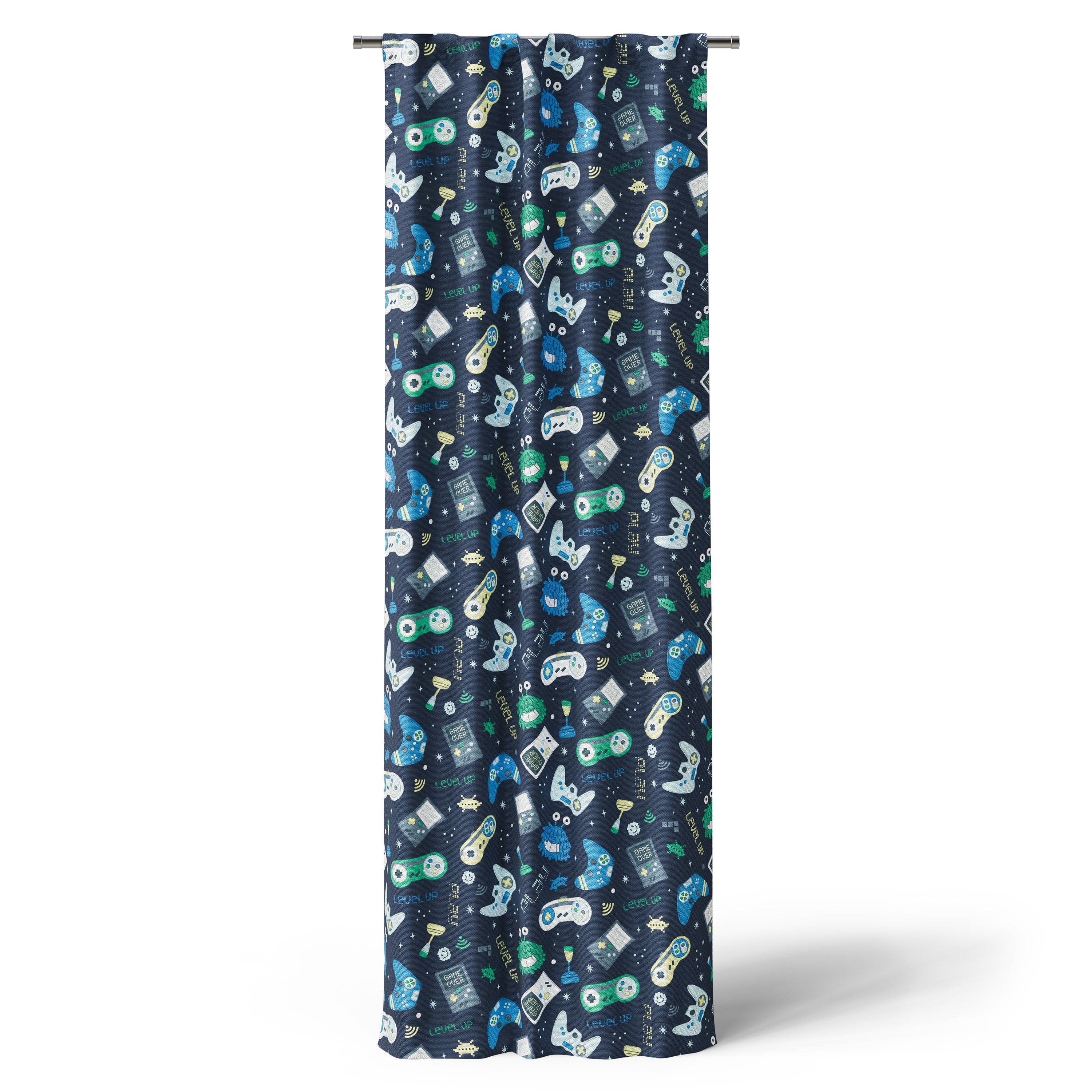 Mainstays Kids Navy Blue Printed Glow in the Dark Blackout Rod Pocket with Back Tabs Single Curtain Panel, Gamer Print, 38" W x 84" L