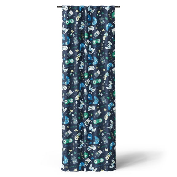 Mainstays Kids Navy Blue Printed Glow in the Dark Blackout Rod Pocket with Back Tabs Single Curtain Panel, Gamer Print, 38" W x 84" L