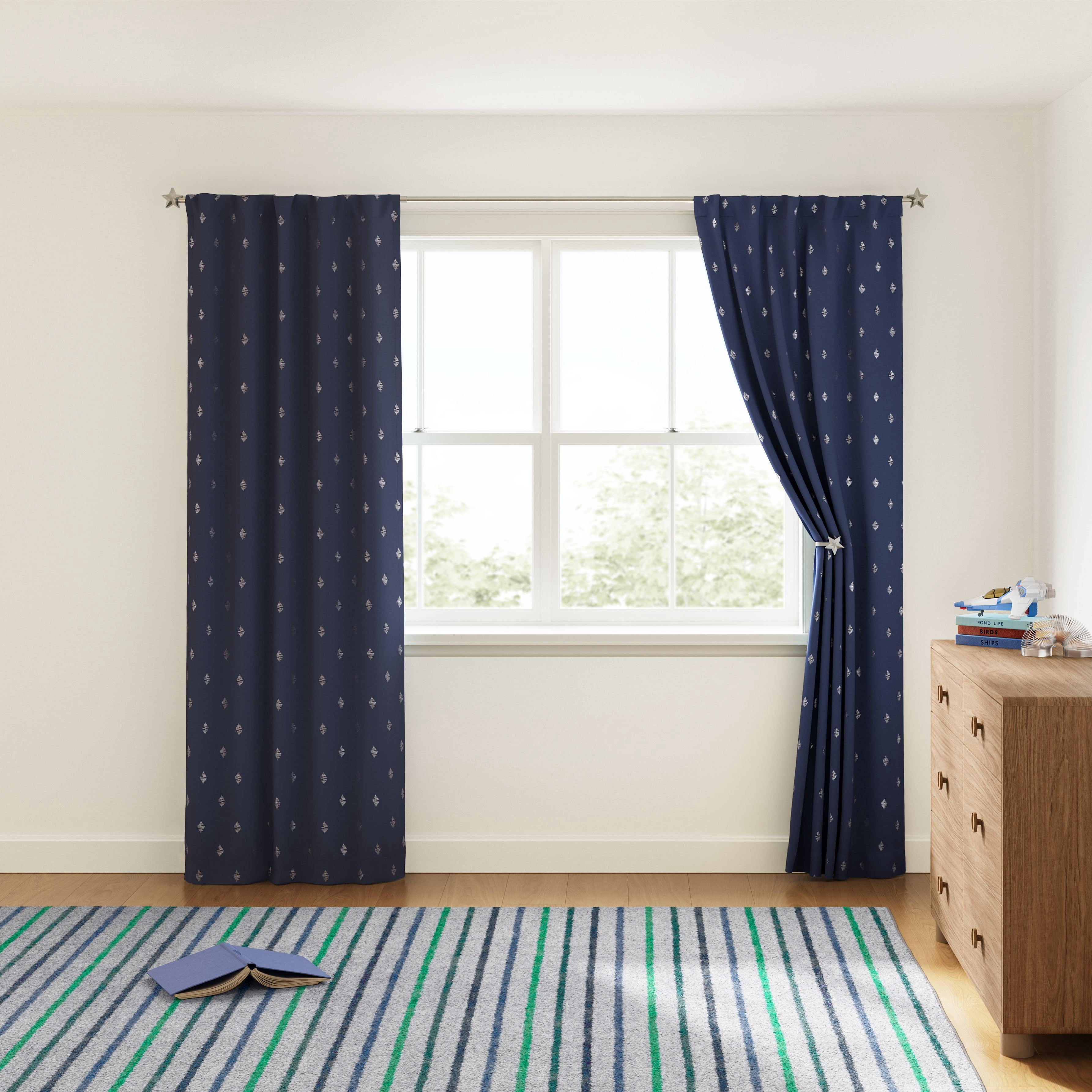 Mainstays Kids Navy Blue Metallic Puff Print Diamond Blackout Rod Pocket with Back Tabs Single Curtain Panel, 38" W x 84" L