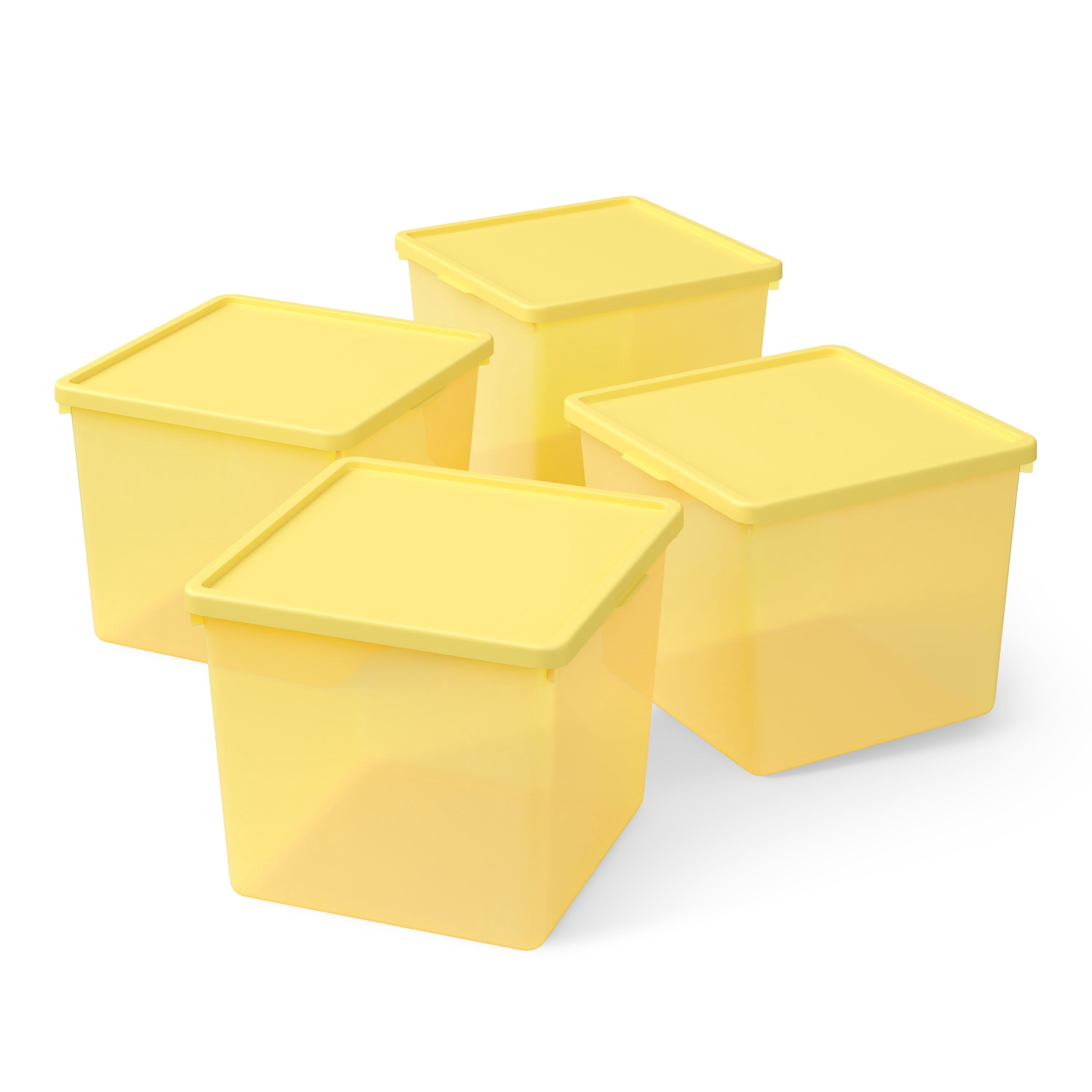Mainstays Kids Yellow Large Plastic Storage Bin with Lid, 4 Pack