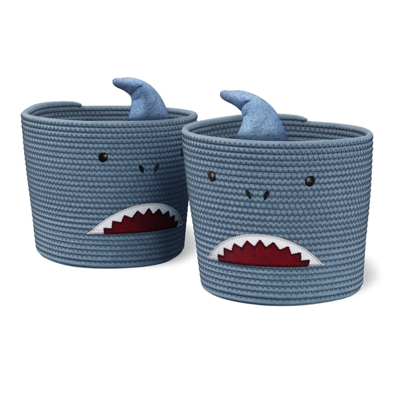 Mainstays Kids Medium Round Blue Shark Coiled Rope Storage Baskets, 2 Pack