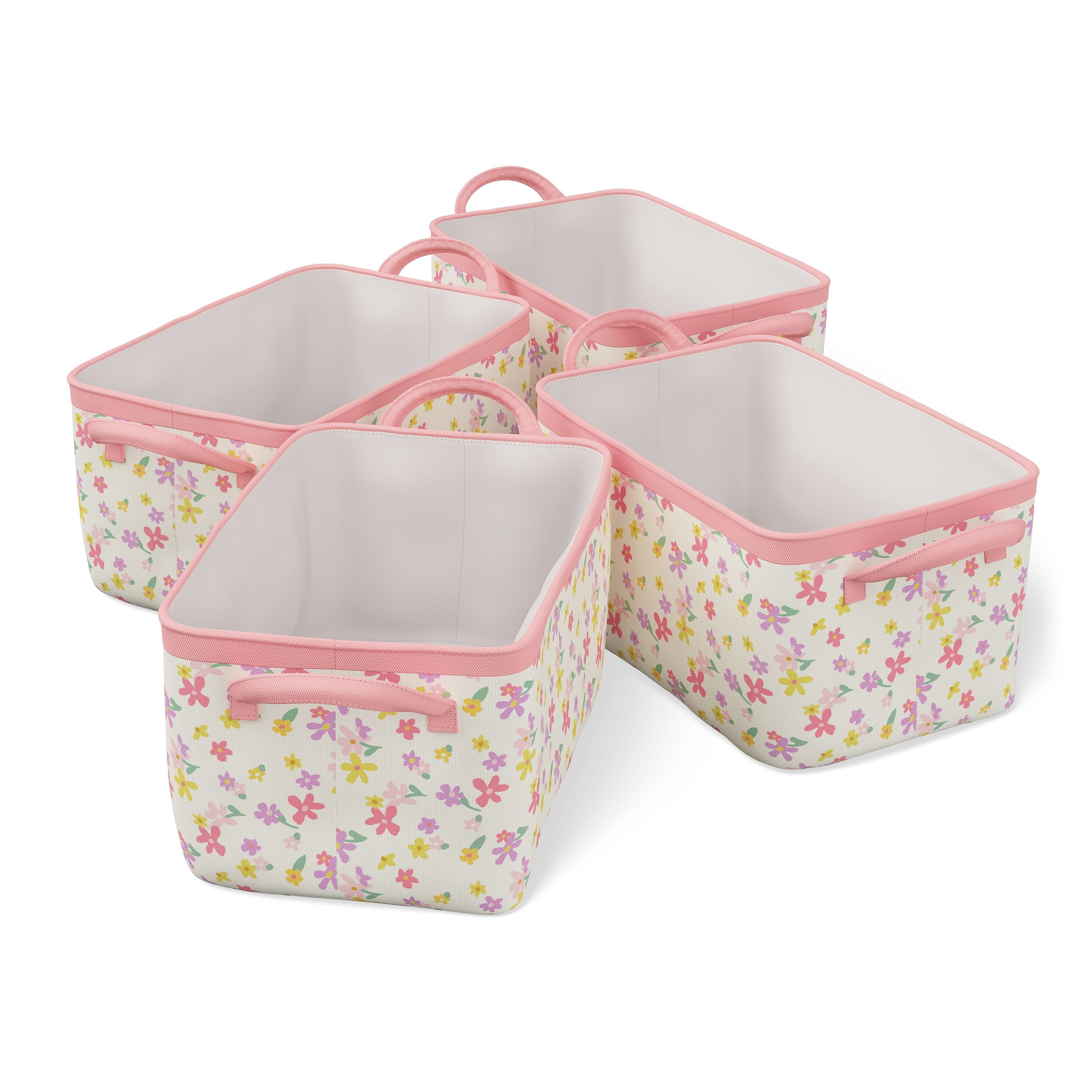 Mainstays Kids Medium Multi Floral Canvas Printed Storage Basket with Handles, 4 Pack