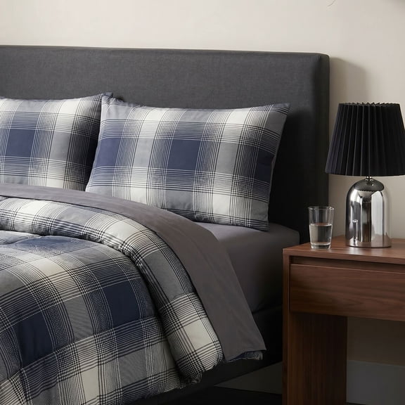 Mainstays Shadow Plaid 3-Piece Grey Comforter Set, King