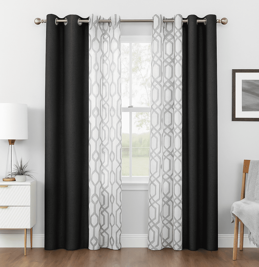 Mainstays Kingswood Solid and Printed Sheer Grommet Curtain Panel Set, 4 Piece, Black, 27.5" W x 84" L
