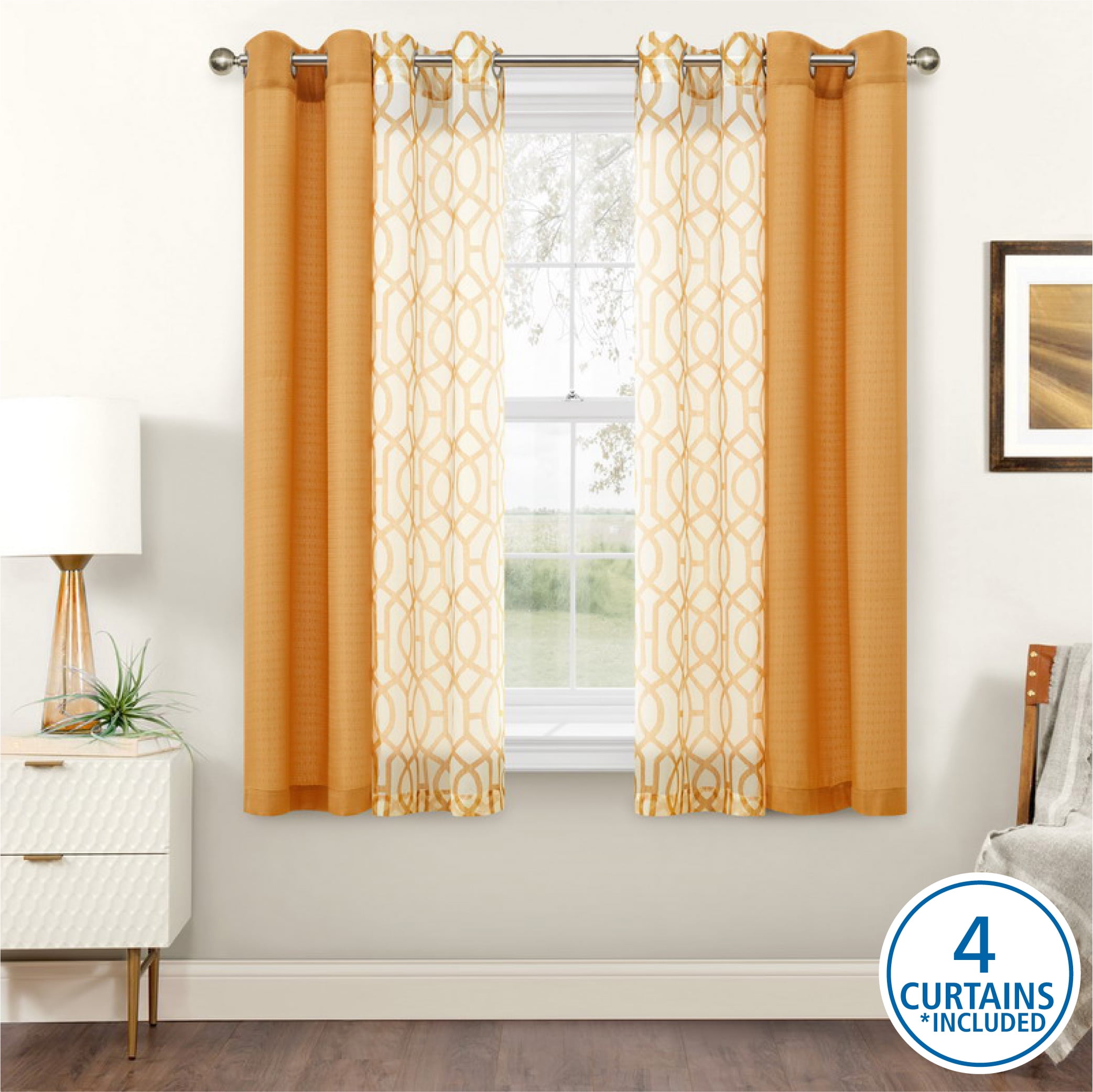 Mainstays Kingswood Grommet Top Curtain and Sheers, 4 Panels, Brown Sugar, 27.5" W x 63” L