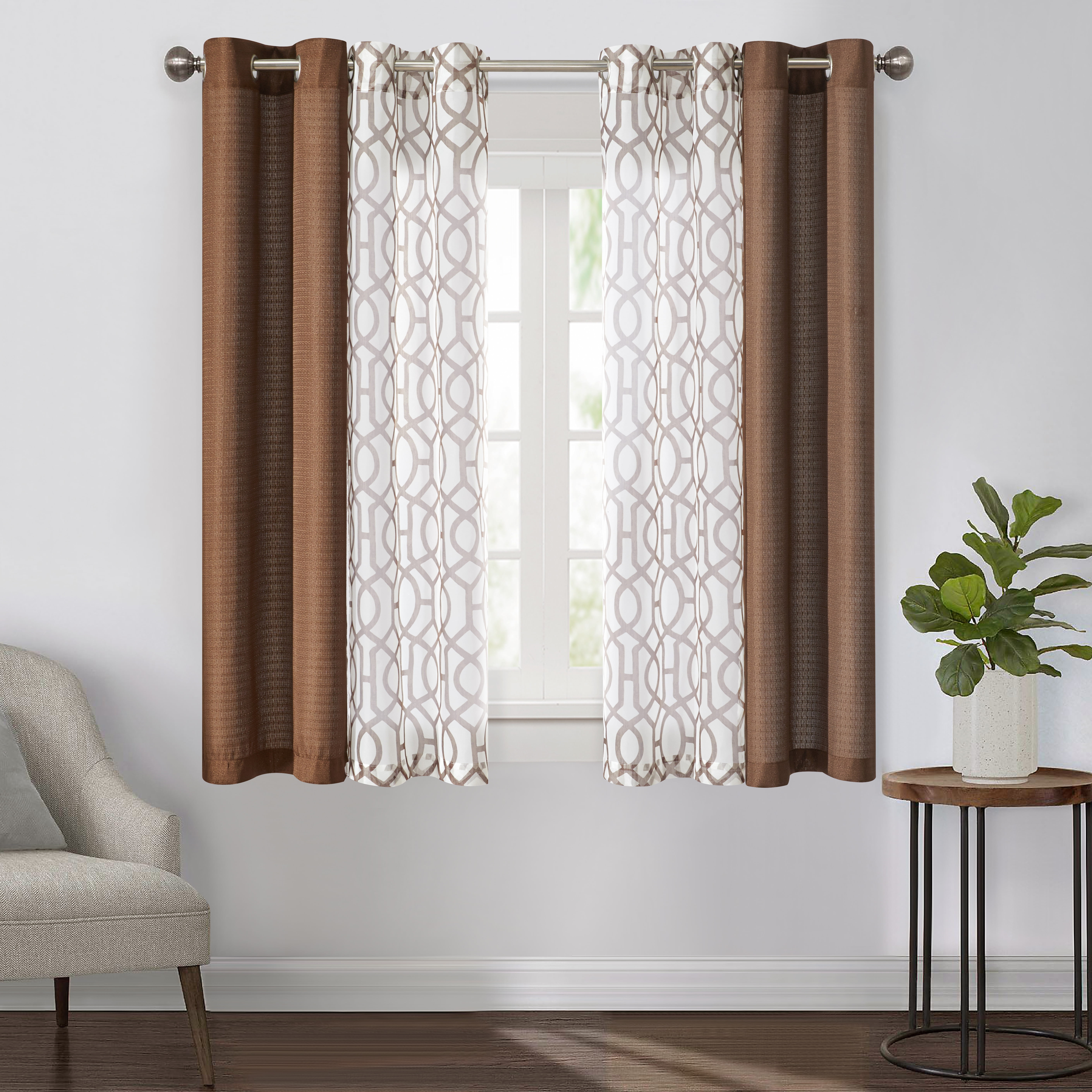 Mainstays Kingswood Solid and Printed Sheer Grommet Curtain Panel Set, 4 Piece, Chocolate Brown, 27.5" W x 63" L