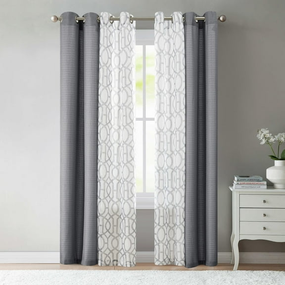 Mainstays Kingswood Solid and Printed Sheer Grommet Curtain Panel Set, 4 Piece, Gray Flannel, 27.5" W x 84" L