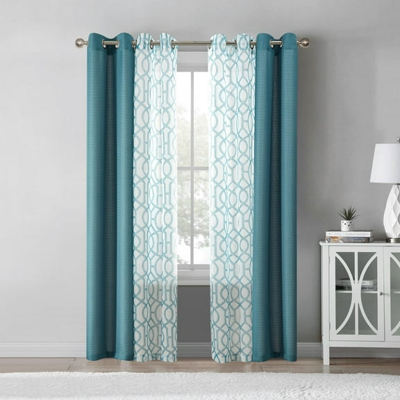 Mainstays Kingswood Solid and Printed Sheer Grommet Curtain Panel Set, 4 Piece, Pacifica Green, 27.5" W x 84" L