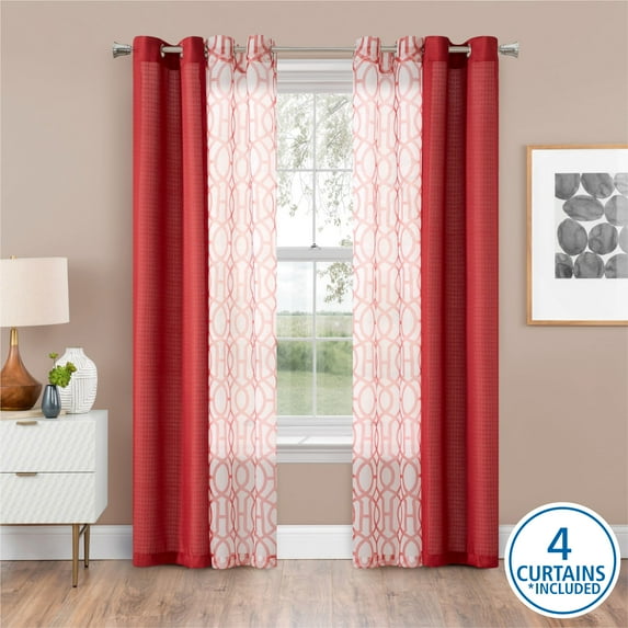 Mainstays Kingswood Solid and Printed Sheer Grommet Curtain Panel Set, 4 Piece, Red, 27.5" W x 84" L