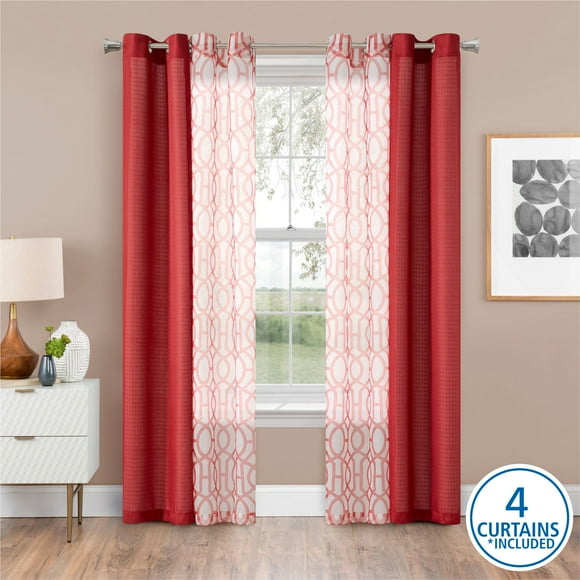 Mainstays Kingswood Solid and Printed Sheer Grommet Curtain Panel Set, 4 Piece, Red, 27.5" W x 84" L