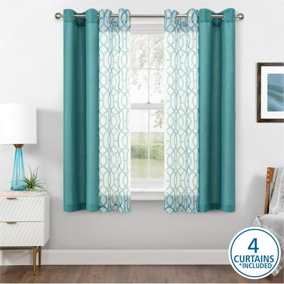 Mainstays Kingswood Solid and Printed Sheer Grommet Set, Pacifica Green, 27.5" W x 63" L, Ideal for Living Room or Bedroom