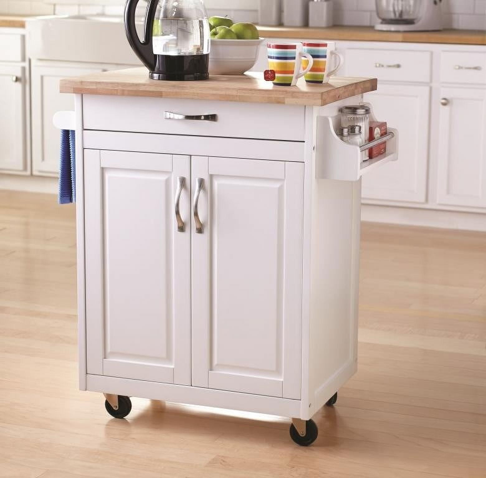 Mainstays Kitchen Island Cart with Drawer and Storage Shelves, White 