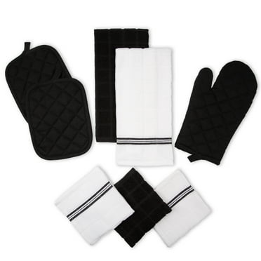 Mainstays Kitchen Towel, Dishcloth, Oven Mitt, and Pot Holder 8 Pack Set, Black, 100% Cotton