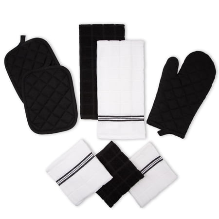 MAINSTAYS 8-PIECE COTTON KITCHEN TOWEL, DISHCLOTH, OVEN MITT, AND POT HOLDER SET, BLACK