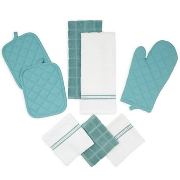 Mainstays Kitchen Towel, Dishcloth, Oven Mitt, and Pot Holder 8 Pack Set, Blue, 100% Cotton