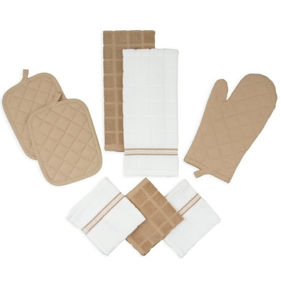 Mainstays 8-Piece Cotton Kitchen Towel, Dishcloth, Oven Mitt, and Pot Holder Set, Brown