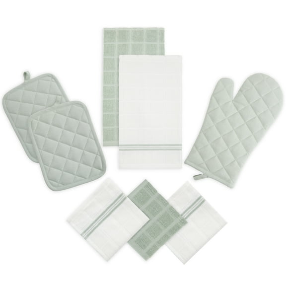 Mainstays Kitchen Towel, Dishcloth, Oven Mitt, and Pot Holder 8 Pack Set, Sage, 100% Cotton