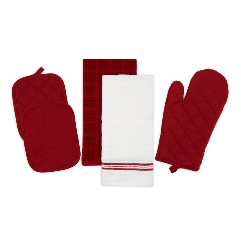Red Holiday Kitchen Set 2 Towels 1 Oven Mitt 2 Scrubbers & 2 Pot Holde – L  & D Novelties