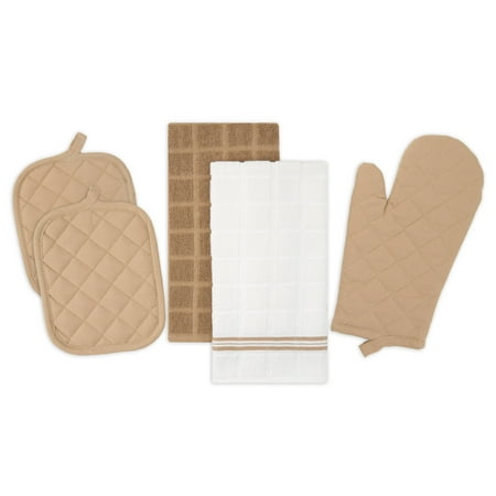 Mainstays Kitchen Towel, Oven Mitt & Pot Holder Kitchen Set, 5 Pieces, Tan