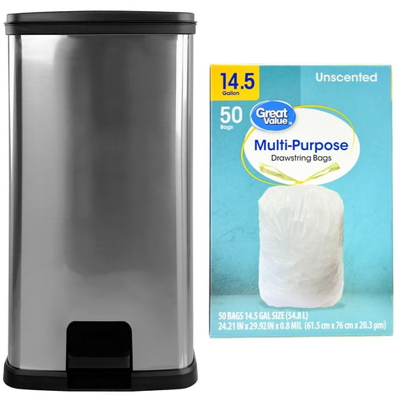 Mainstays Kitchen Trash Can, 13.2 Gallon Plastic Step Garbage Bin with Lid with Trash Bag