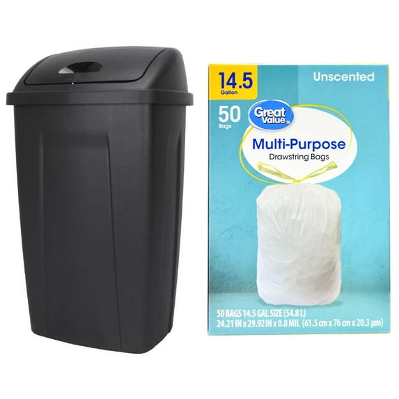 Mainstays Kitchen Trash Can, 13 Gallon Plastic Garbage Bin with Swing Top Lid with Trash Bag