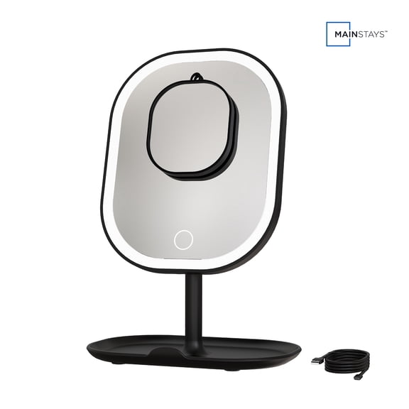 Mainstays LED Makeup Mirror, Rechargeable Vanity Mirror with Lights and Storage Tray Base, Black
