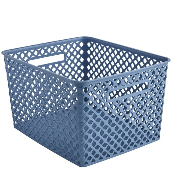 Mainstays Large Blue Decorative Plastic Storage Basket, 14.7 in x 12 in x 8.5 in