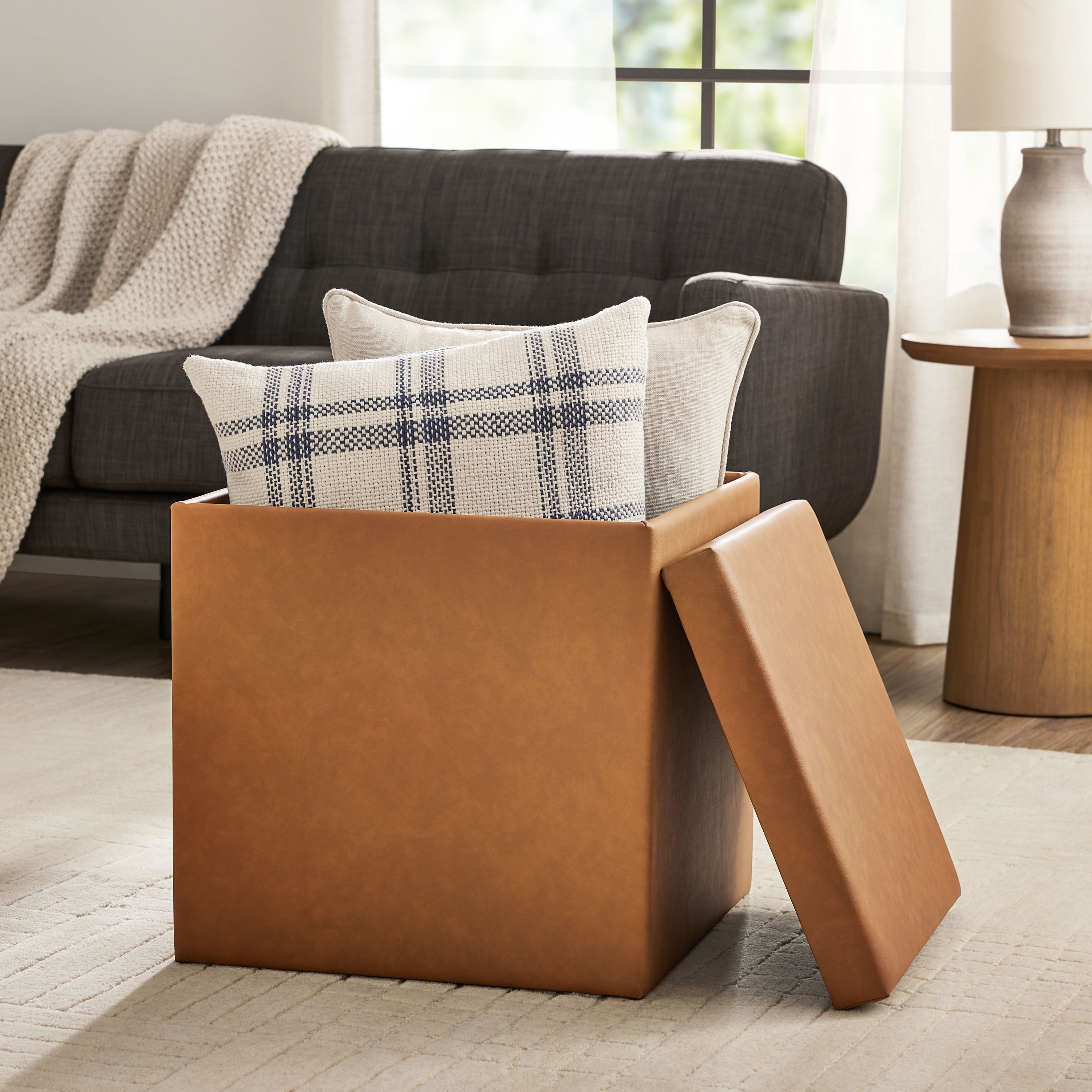 Mainstays Large Cube Storage Ottoman, 20 inch, Camel Faux Leather