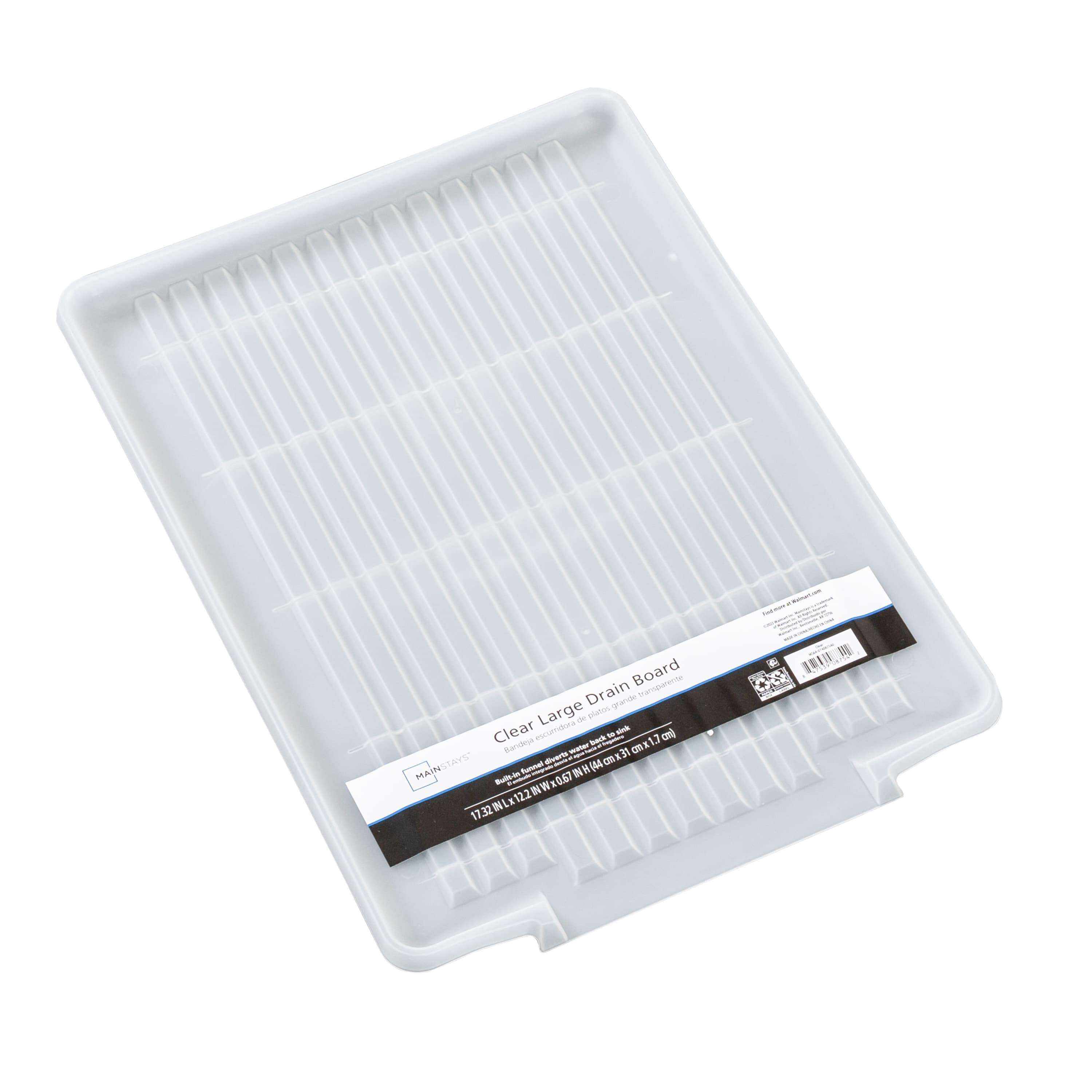 Mainstays Large Dish Drain Board Drainer Tray, Clear Plastic, 17.32 in x 12.2 in, for Sink or Countertop Drying