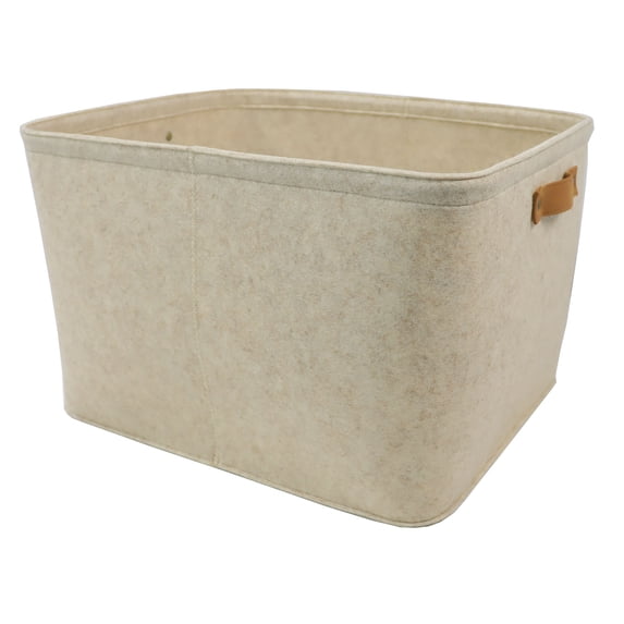 Mainstays Large Decorative Storage Basket, Oatmeal Brown Felt with Faux Leather Handles, 16.5 in x 14 in x 10.5 in