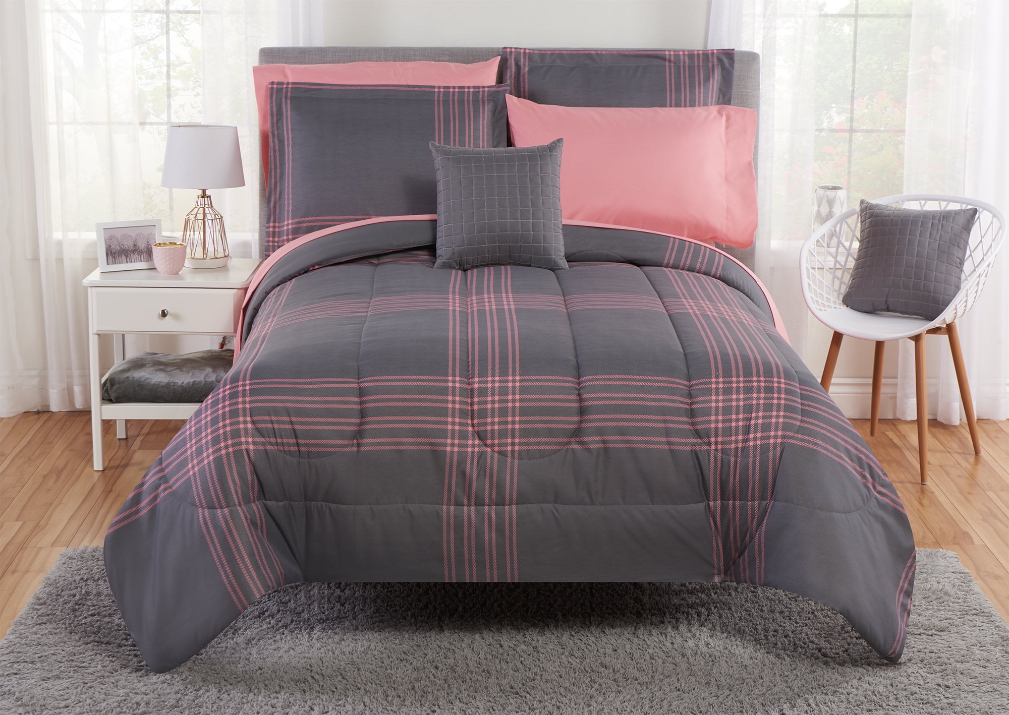 Mainstays Large Plaid Grey And Pink Bed In A Bag Bedding Set, Multiple ...