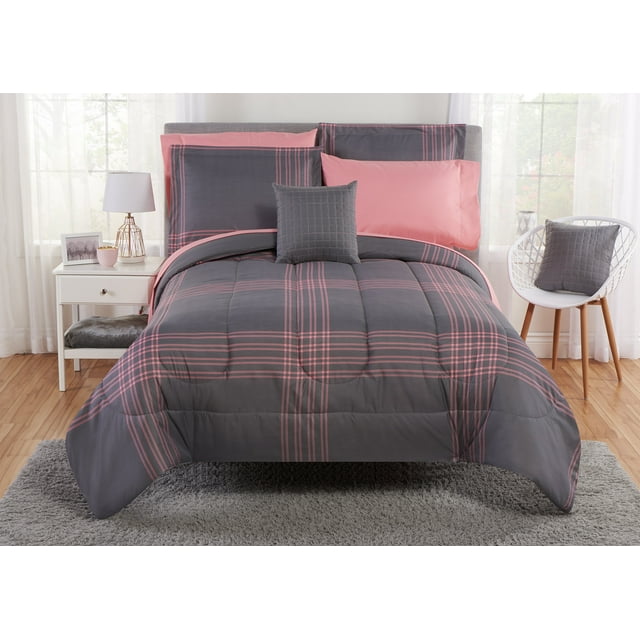 Mainstays Large Plaid Grey and Pink Bed in a Bag Bedding Set, Multiple
