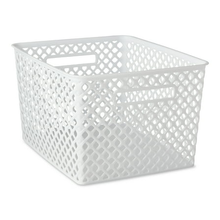Mainstays Large White Decorative Plastic Storage Basket, 14.7 in x 12 in x 8.5 in