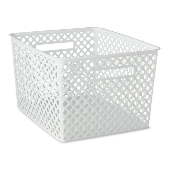 Mainstays Large White Decorative Plastic Storage Basket, 14.7 in x 12 in x 8.5 in