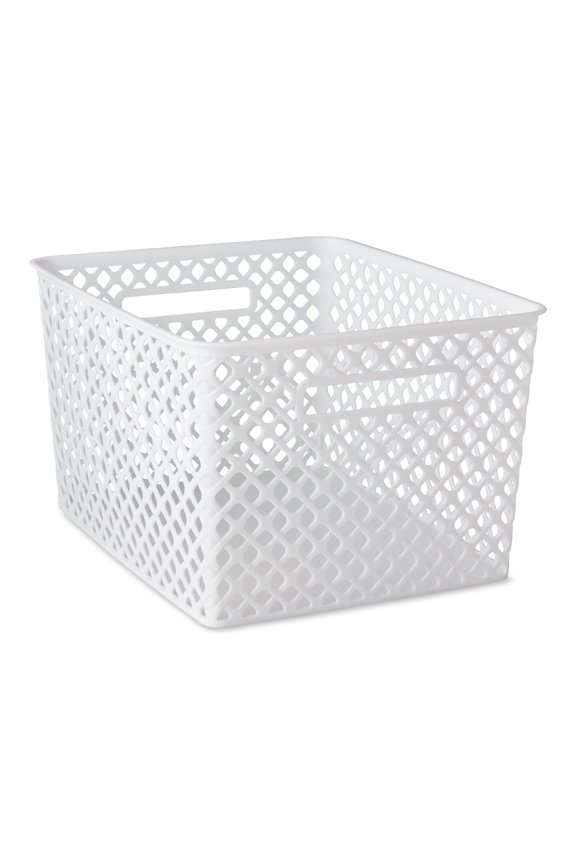 Large White Decorative Plastic Storage Basket, 14.7 in x 12 in x 8.5 in