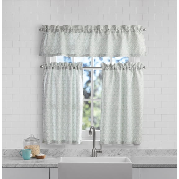 Mainstays Leaf Foulard 3-Piece Printed Tiers and Valance Set, Green Leaf Seafoam, 56 in x 14 in