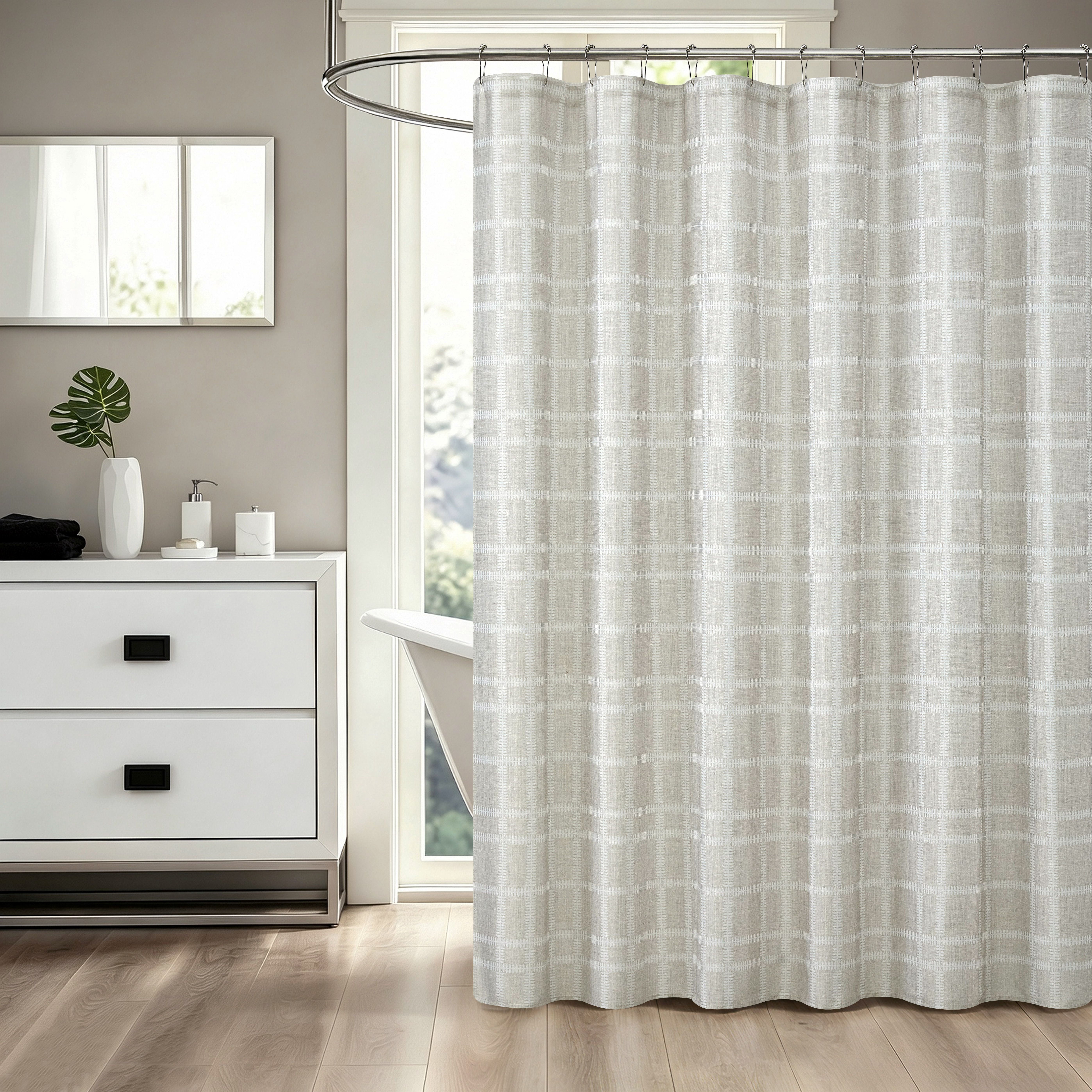 Mainstays Leaf Plaid 14-Piece Faux Linen Shower Set, Cream, 72 in x 72 in
