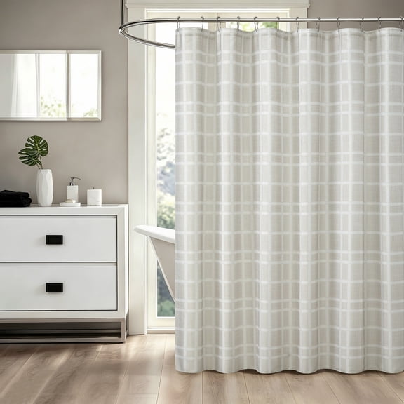 Mainstays Leaf Plaid 14-Piece Faux Linen Shower Set, Cream, 72 in x 72 in