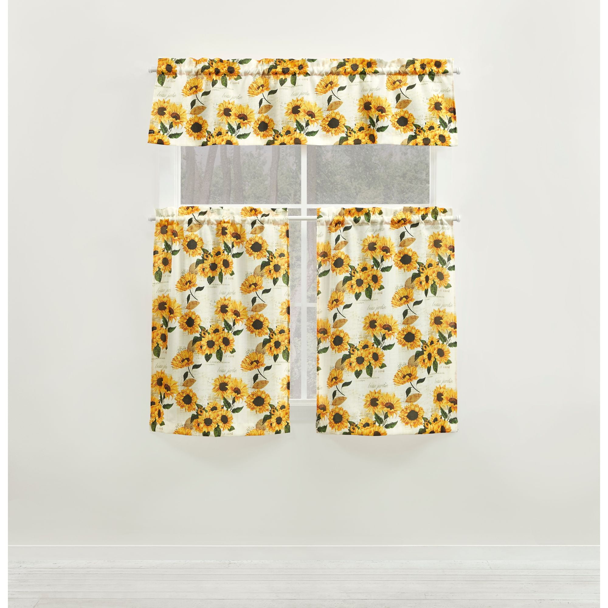 Mainstays Light Filtering Curtain Tier Pair and Valance Set, 3-Piece, Sunflower, 54" W x 36" L