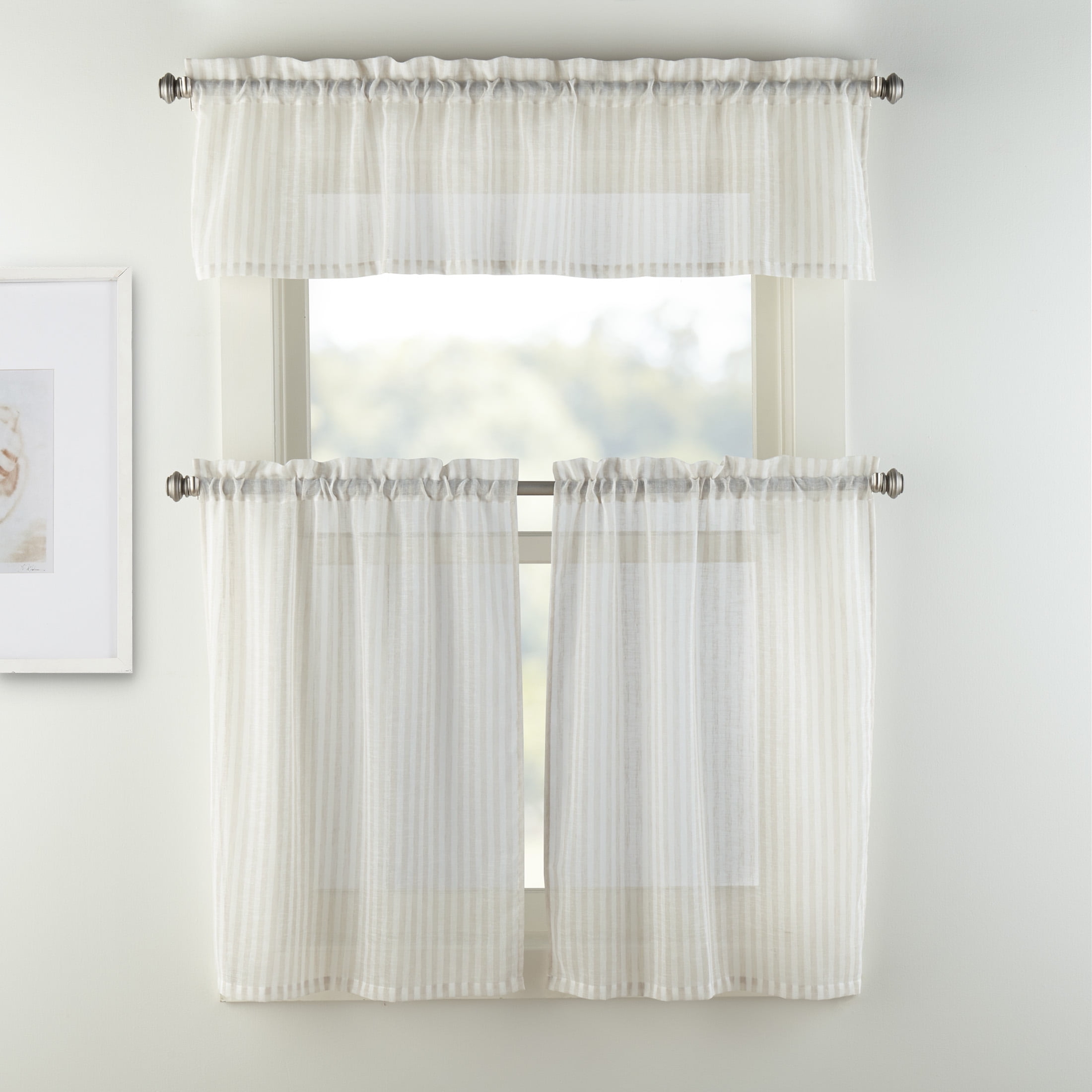 Mainstays Light Filtering Rod Pocket Stripe Curtain Tier and Valance Set, 3pc, 56"x36", Beige