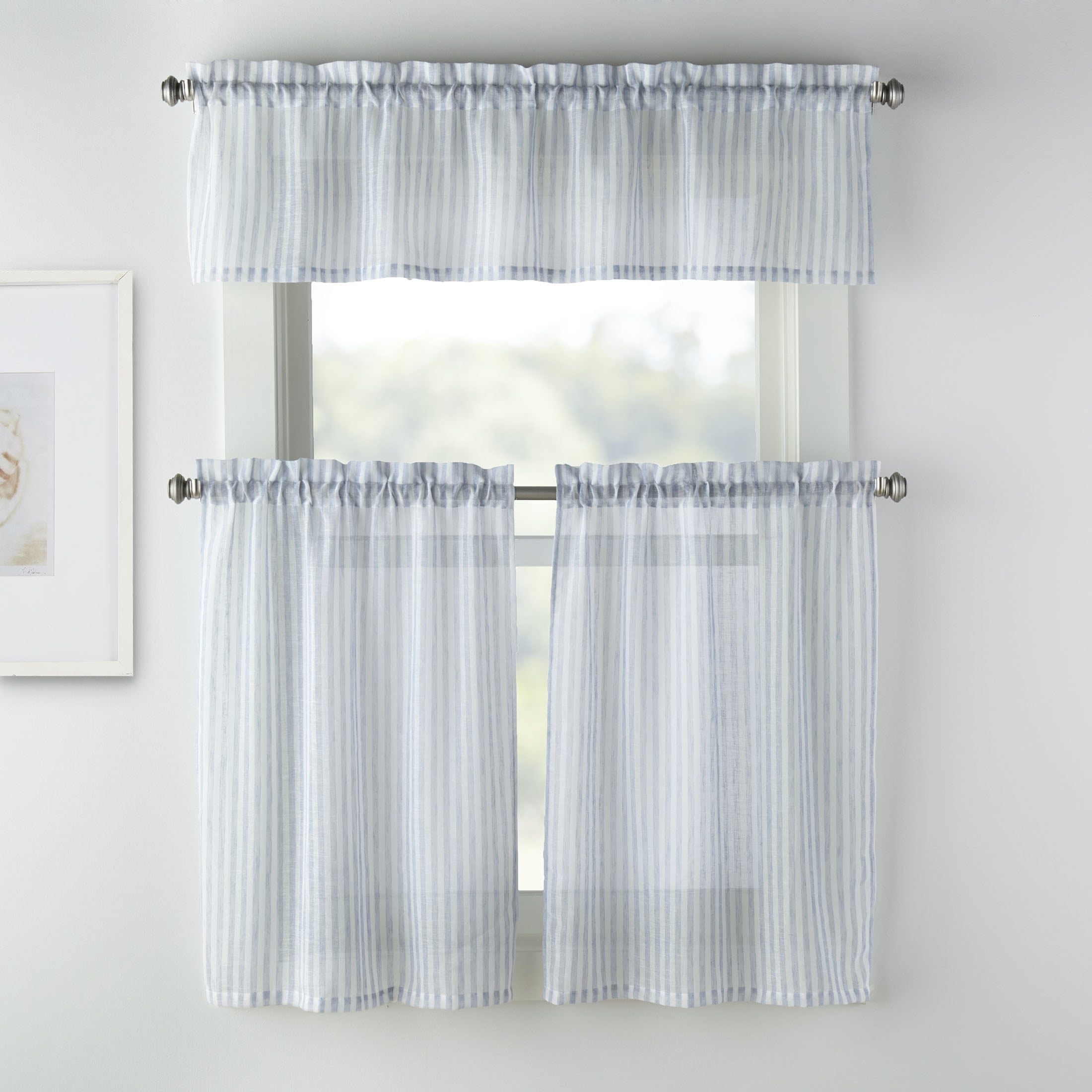 Mainstays Light Filtering Rod Pocket Stripe Curtain Tier and Valance Set, 3pc, 56"x36", Light Blue