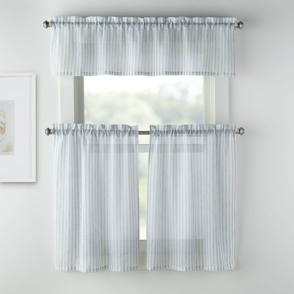 Mainstays Light Filtering Rod Pocket Stripe Curtain Tier and Valance Set, 3pc, 56"x36", Light Blue