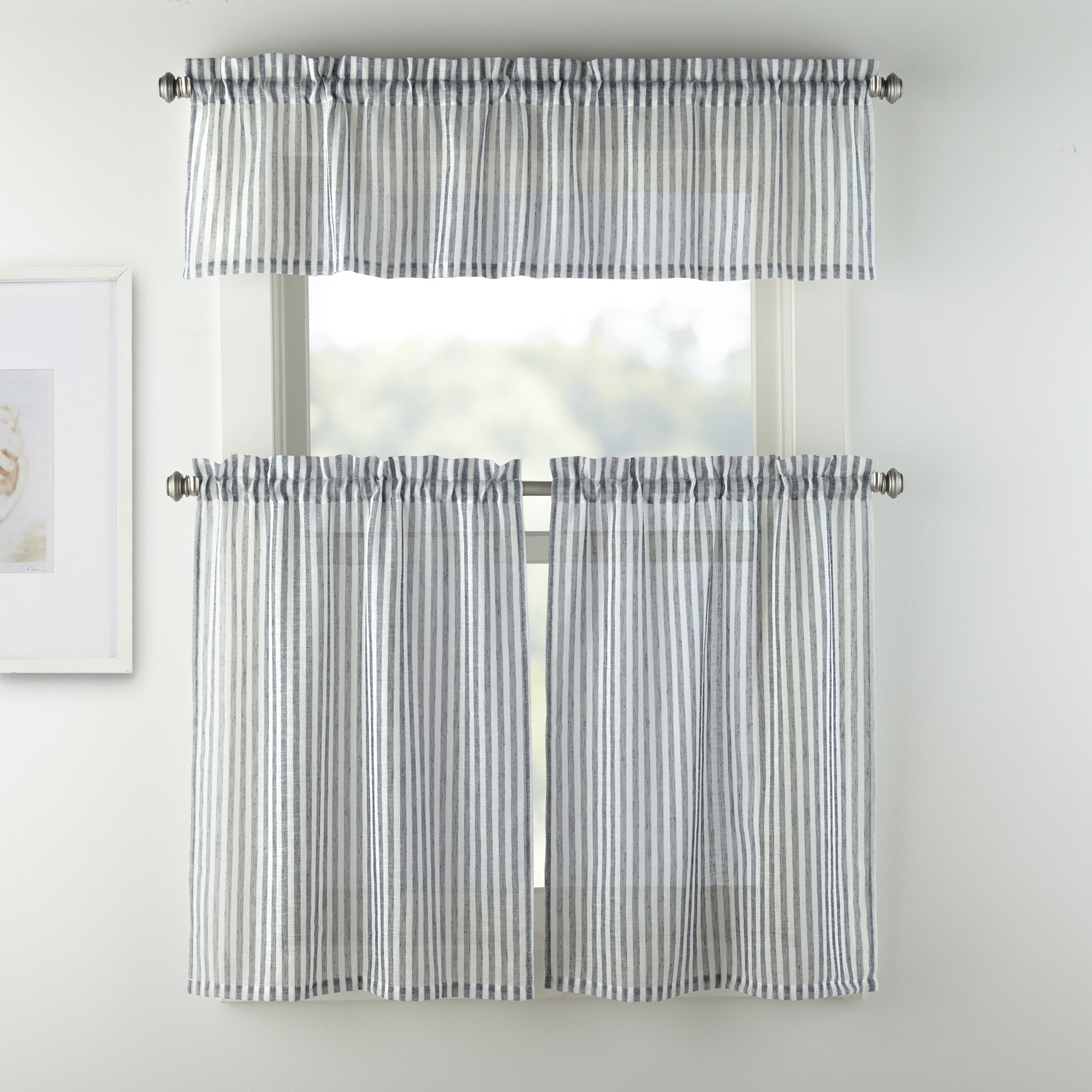 Mainstays Light Filtering Rod Pocket Stripe Curtain Tier and Valance Set, 3pc, 56"x36", Navy