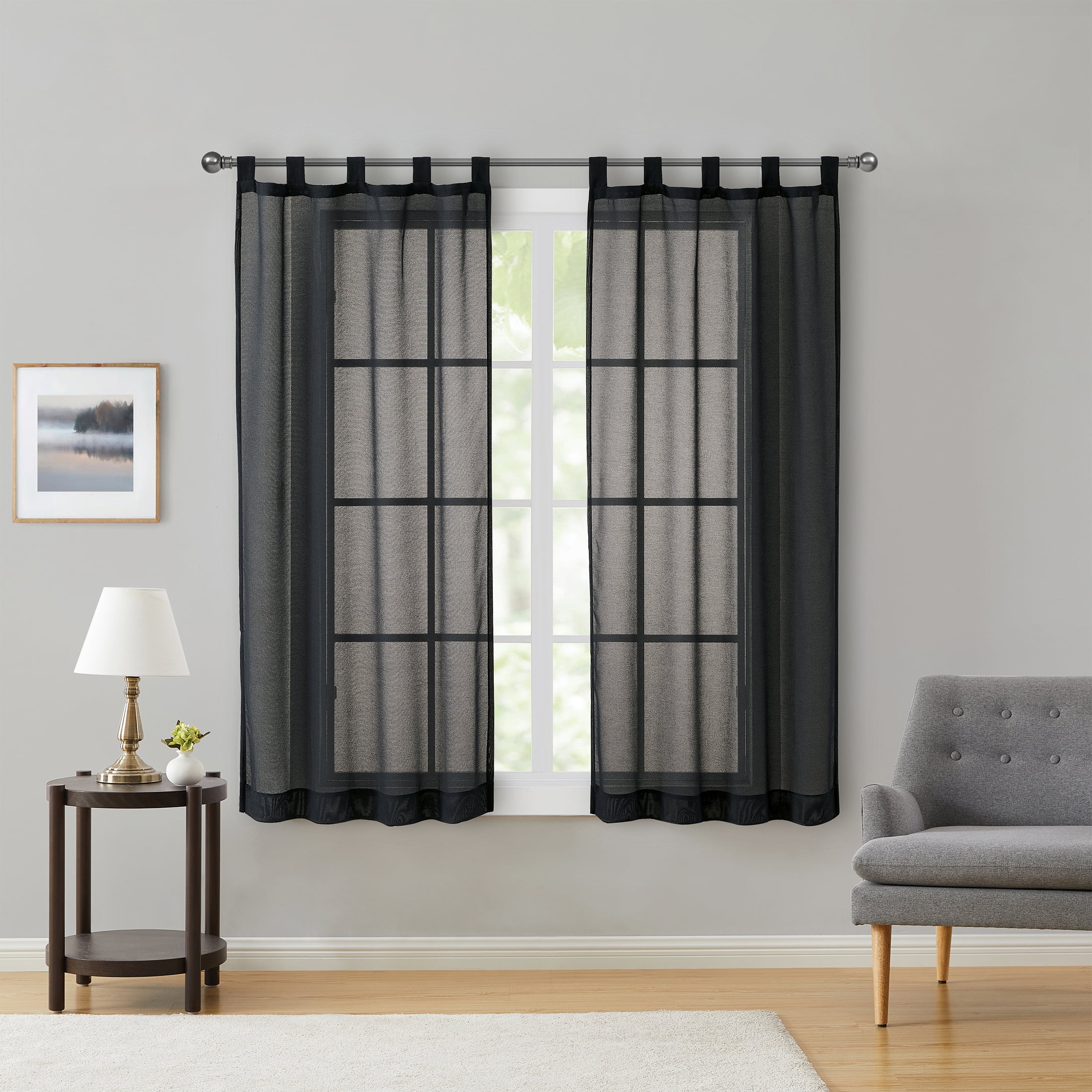 Mainstays Light Filtering Tab Top Curtain Panel Set, Set of 2, Black, 37" W x 63” L
