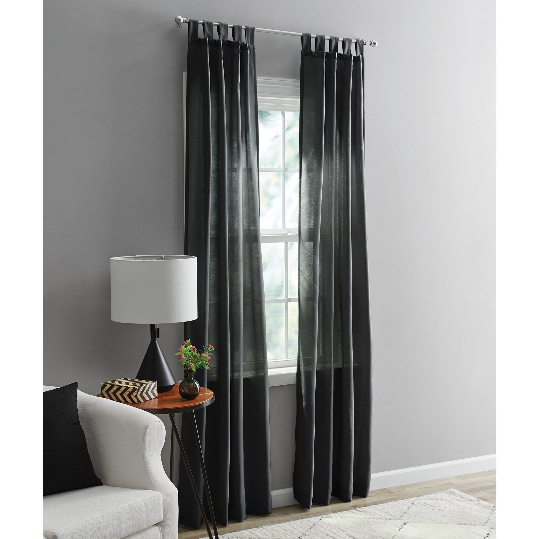 Mainstays Light Filtering Tab Top Curtain Panel Set, Set of 2, Black, 37" W x 84" L