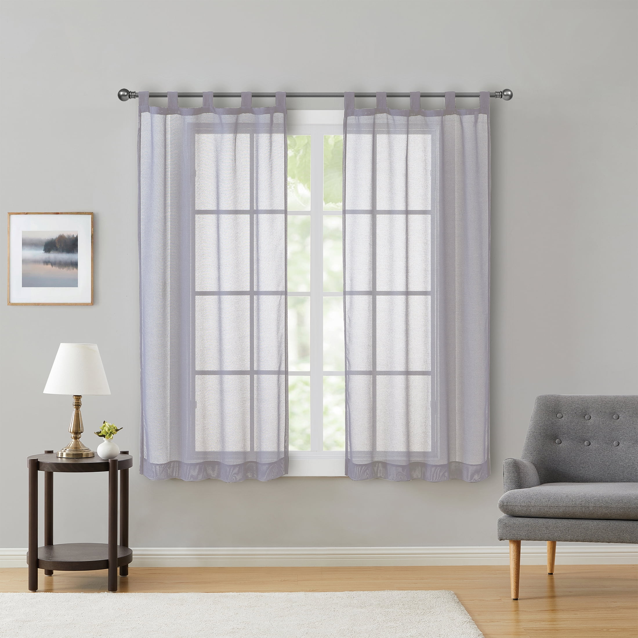 Mainstays Light Filtering Tab Top Curtain Panel Set, Set of 2, Grey, 37" W x 54” L