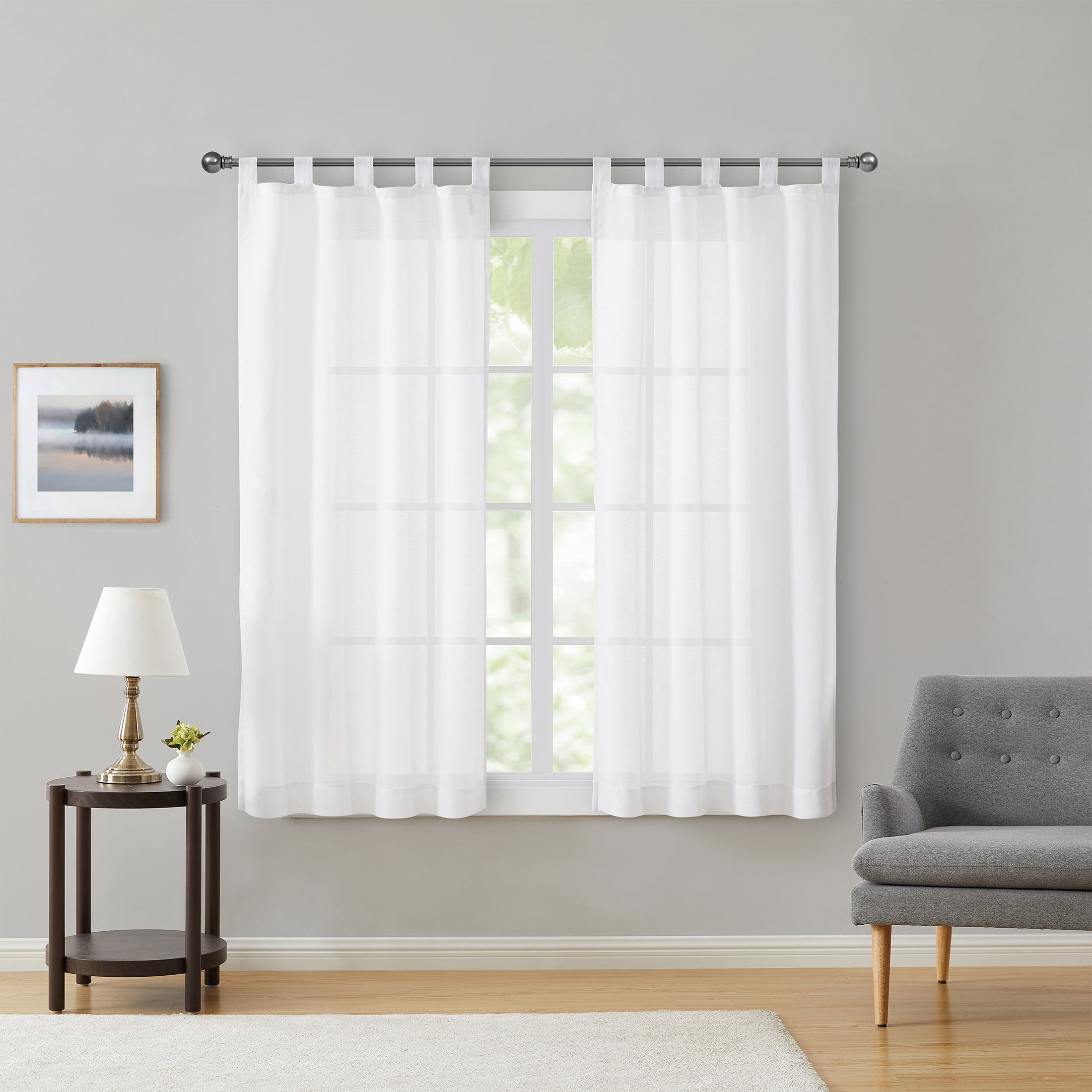 Mainstays Light Filtering Tab Top Curtain Panel Set, Set of 2, White, 37" W x 63” L